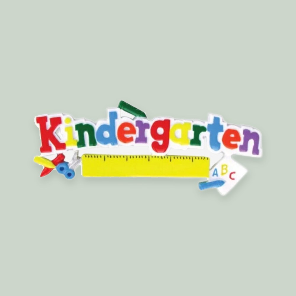 Kindergarten Milestone ornament on a sage green background