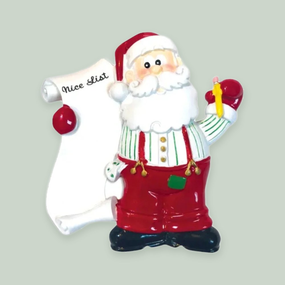 Santa’s List ornament on a sage green background