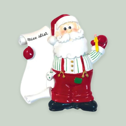 Santa’s List ornament on a sage green background