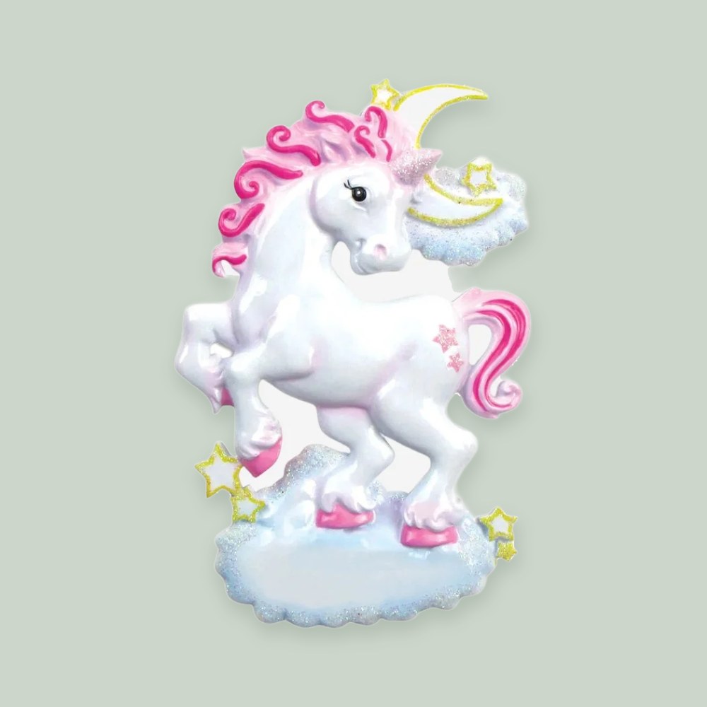 Unicorn with Pink Mane ornament on a sage green background
