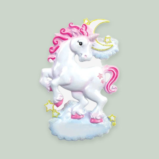 Unicorn with Pink Mane ornament on a sage green background