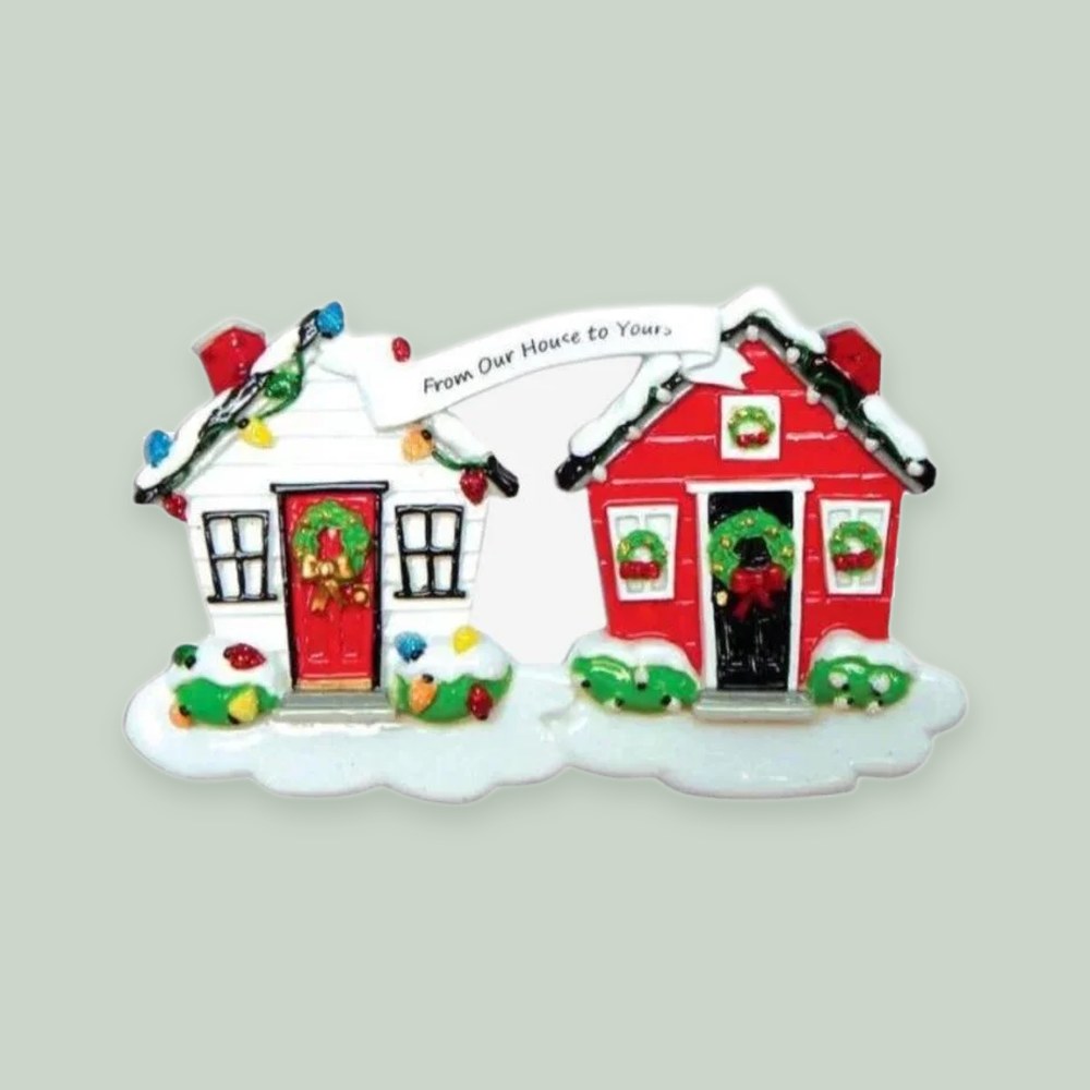 From Our House To Yours ornament on a sage green background