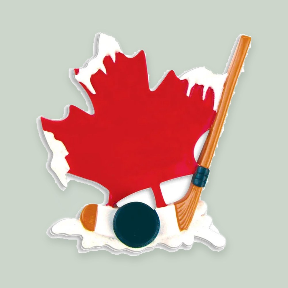 Canadian Hockey Maple Leaf ornament on a sage green background