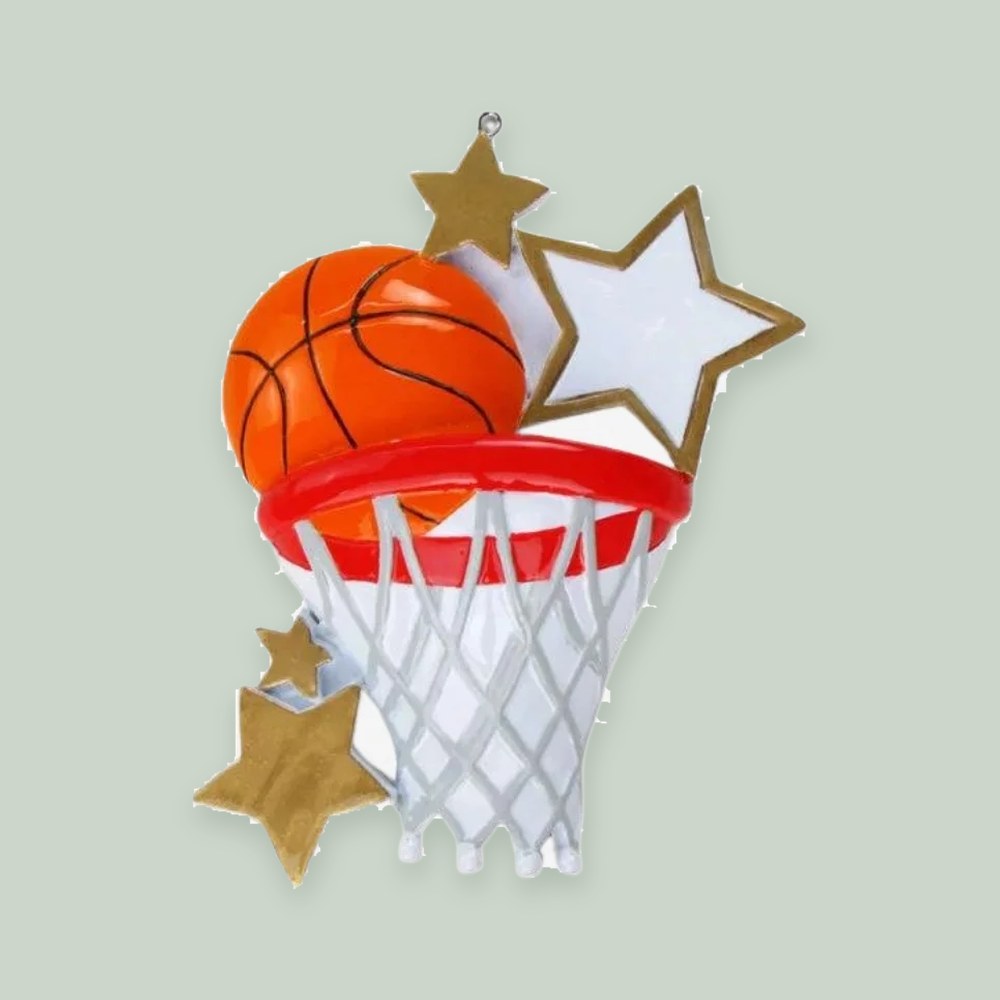 Basketball Hoop and Stars ornament on a sage green background