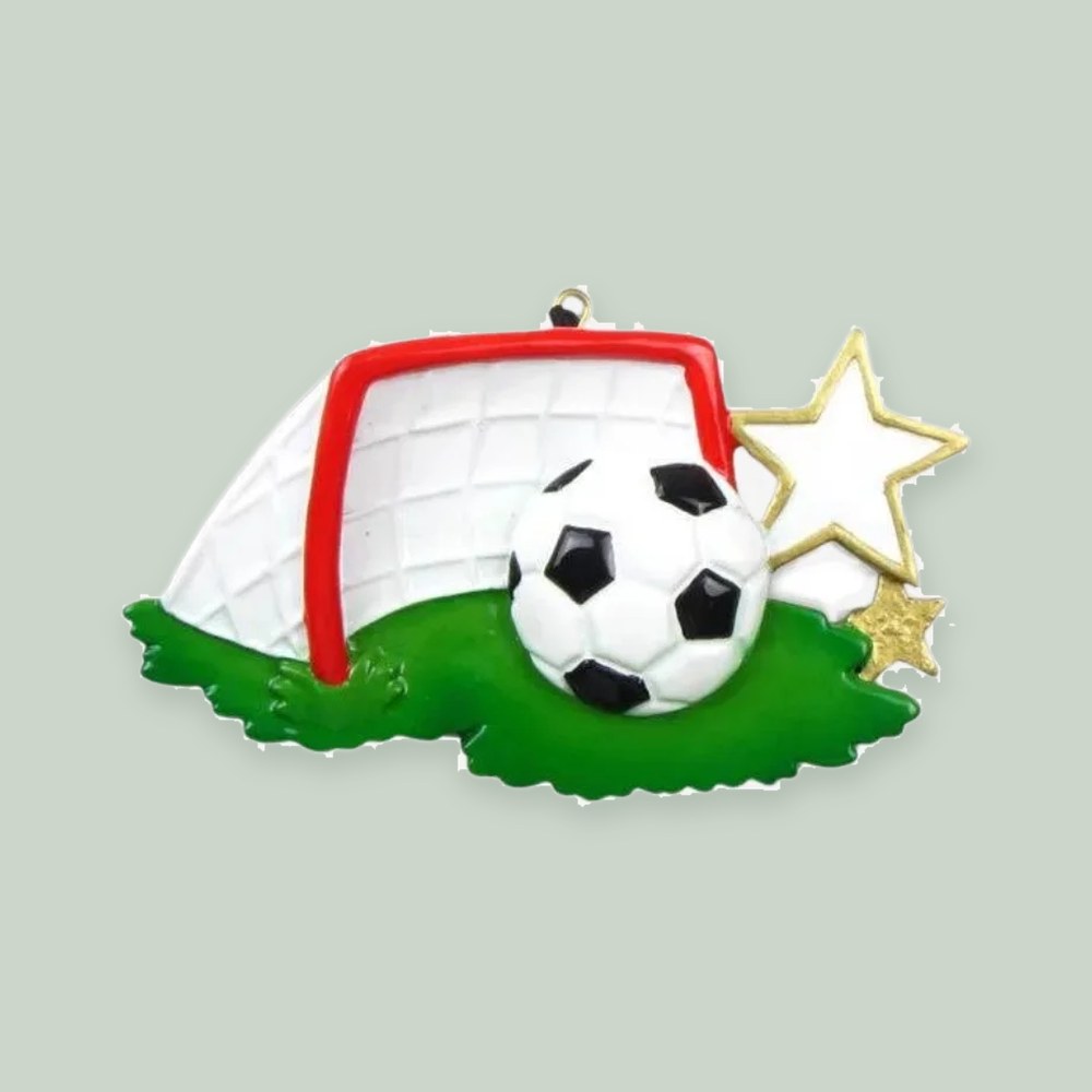 Soccer Goal and Ball ornament on a sage green background