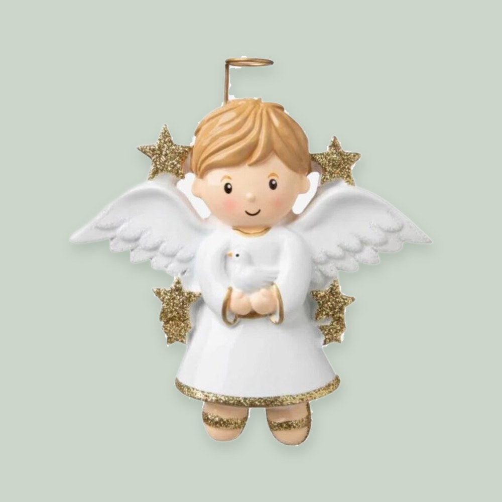 Angel (Boy) ornament on a sage green background