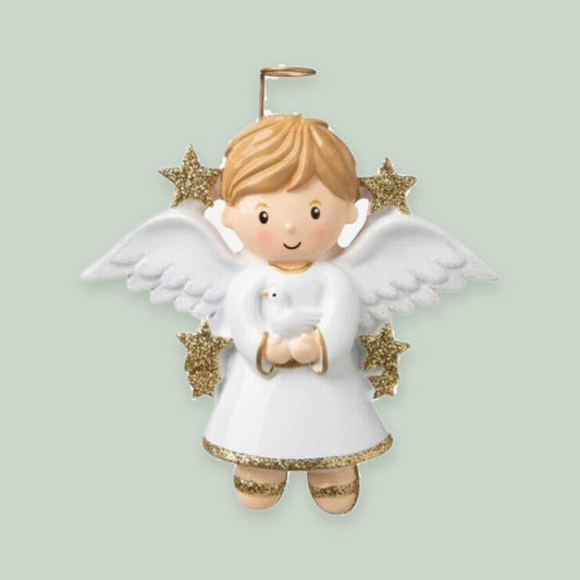 Angel (Boy) ornament on a sage green background