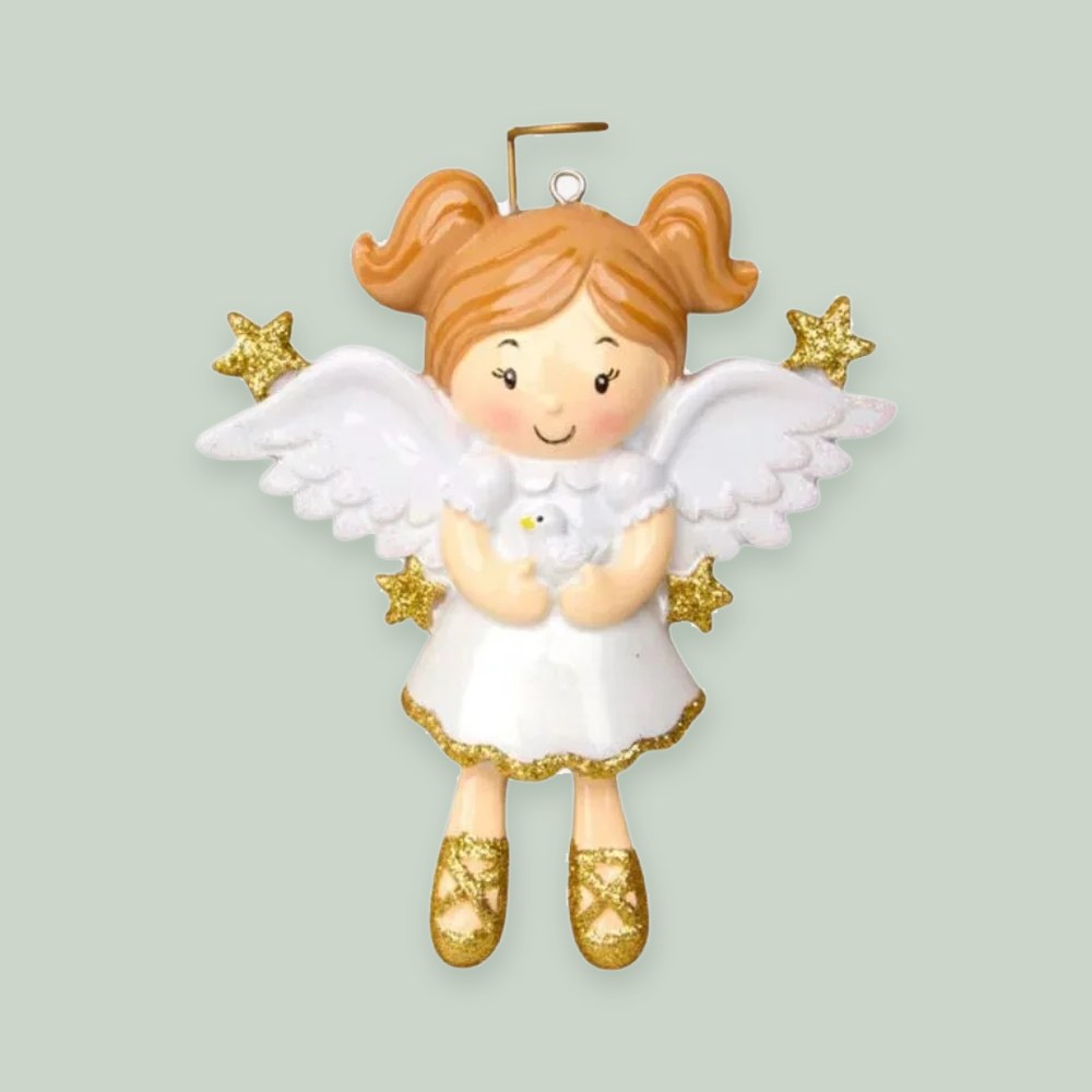 Angel With Dove ornament on a sage green background