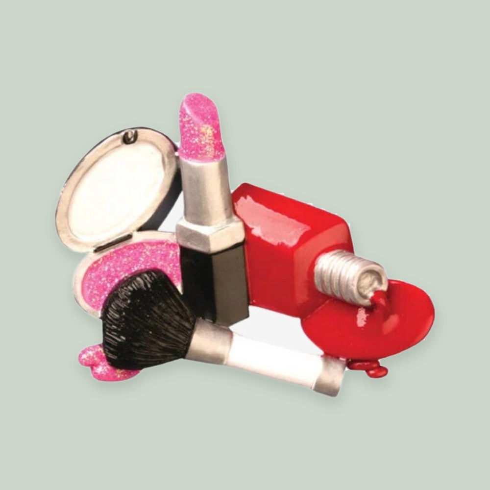 Makeup and Nail Polish ornament on a sage green background