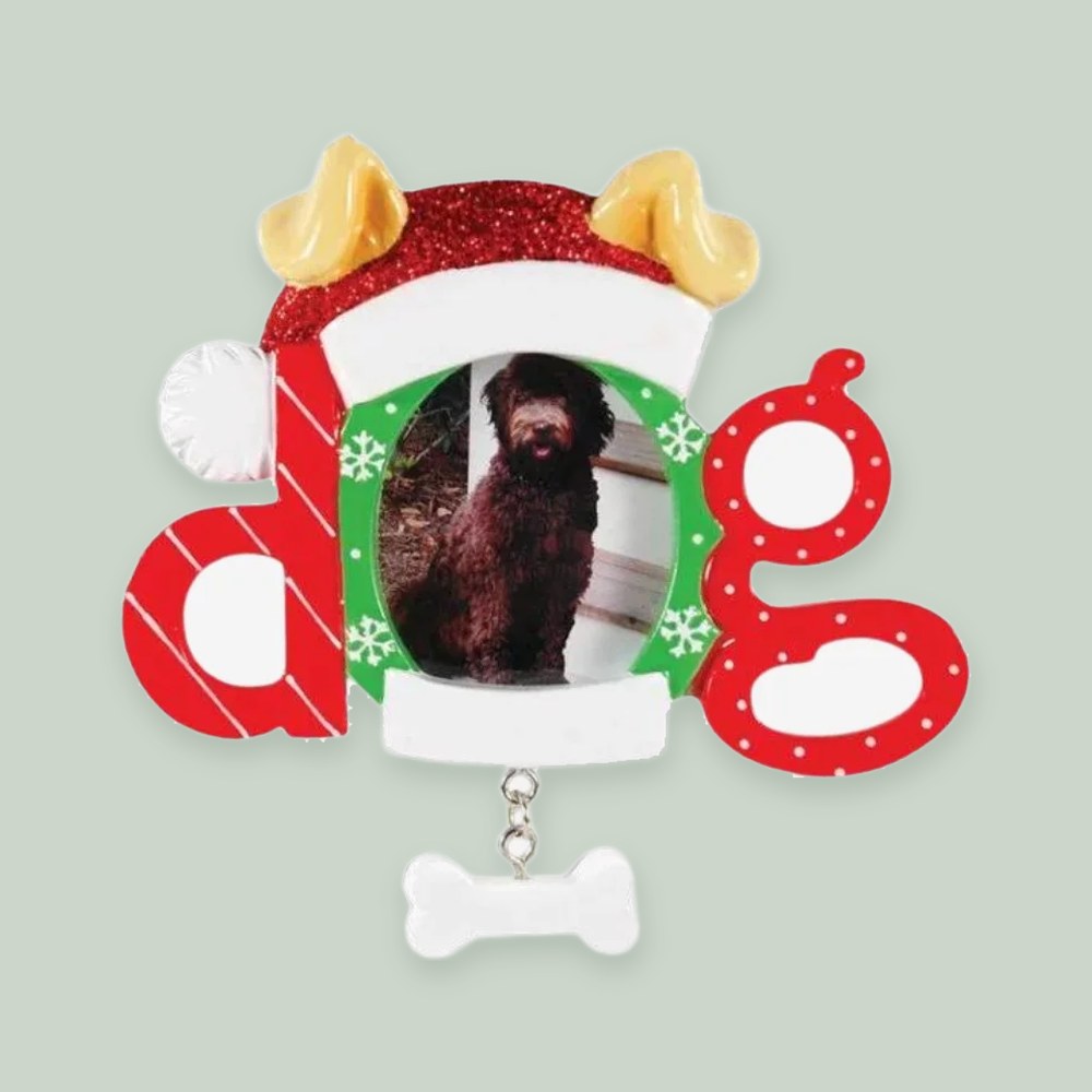 Christmas Dog Photo Frame ornament on a sage green background