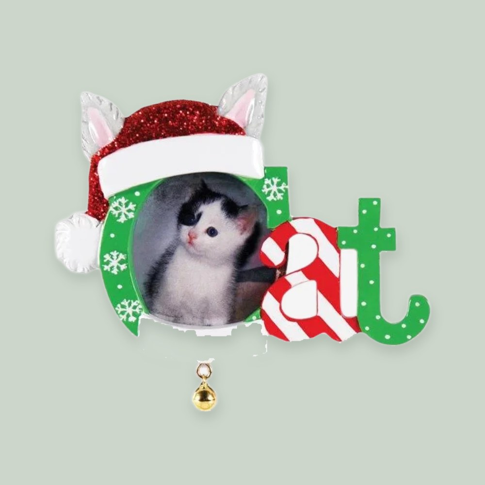 Christmas Cat Photo Frame ornament on a sage green background