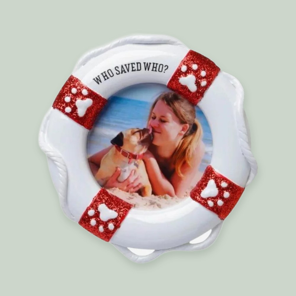 Who Saved Who Pet Photo Frame ornament on a sage green background
