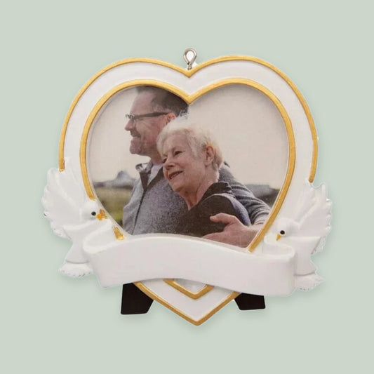 Memorial Heart Photo Frame ornament on a sage green background