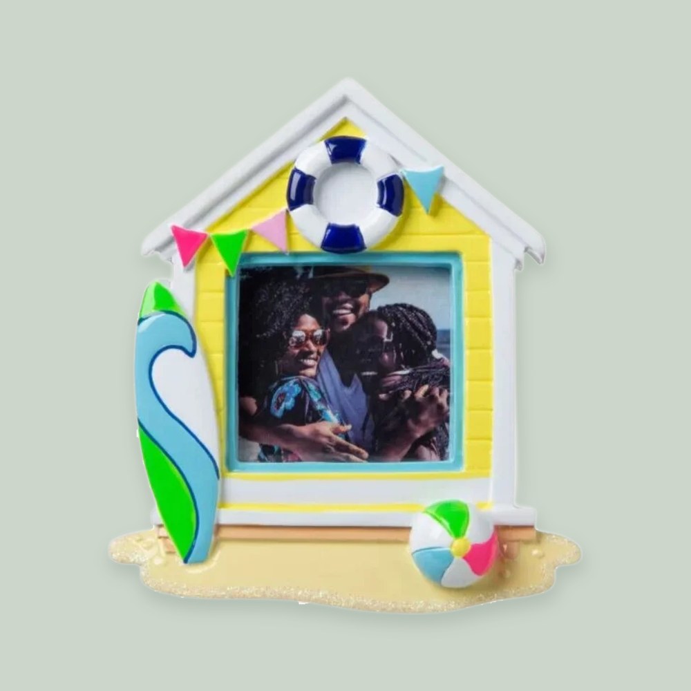 Vacation Home Photo Frame ornament on a sage green background