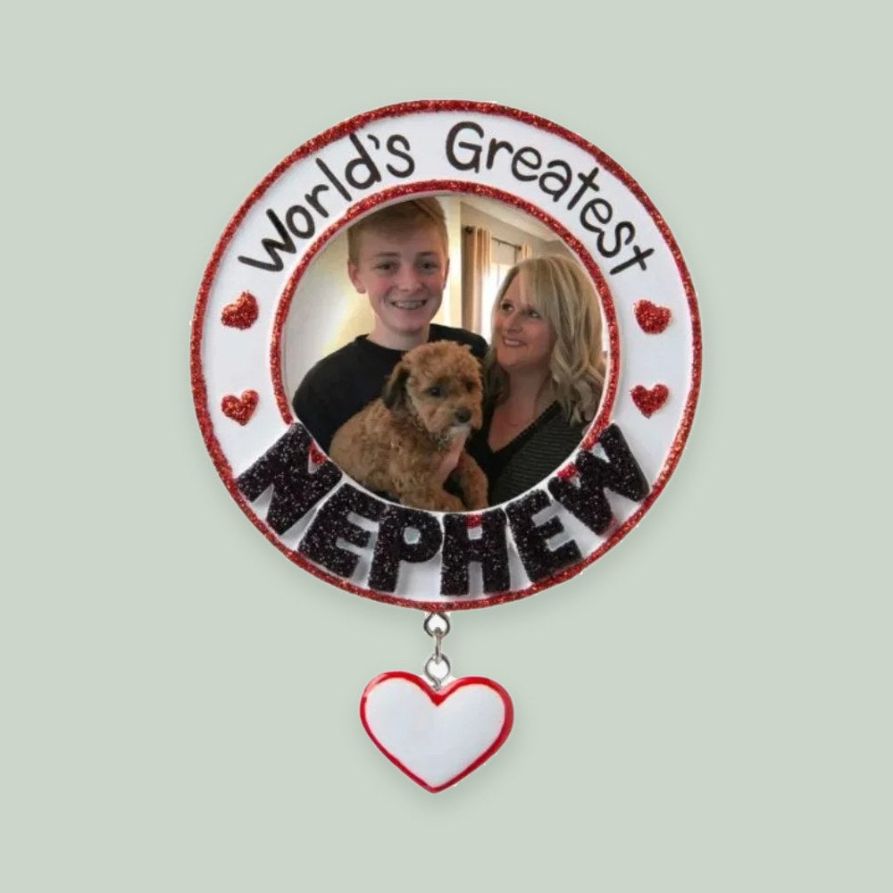 World's Greatest Nephew Photo Frame ornament on a sage green background