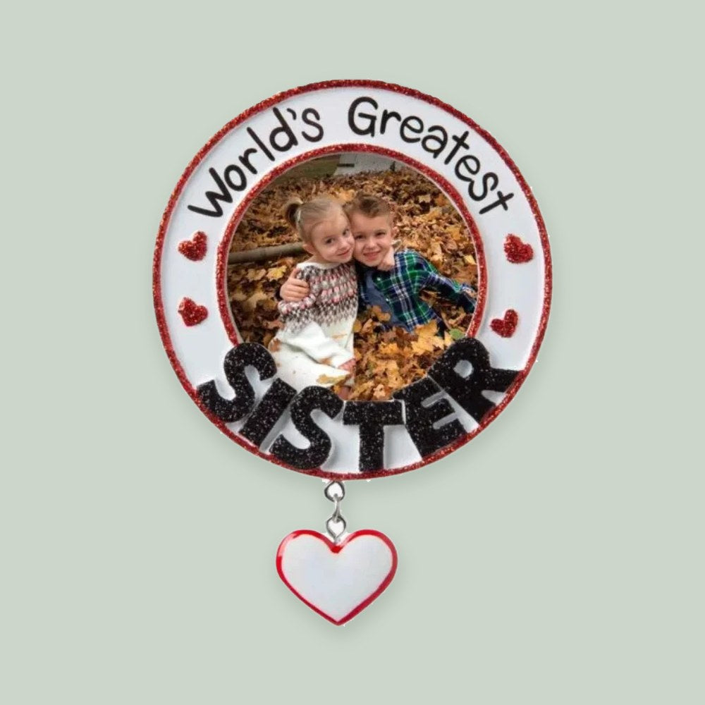 World's Greatest Sister Photo Frame ornament on a sage green background