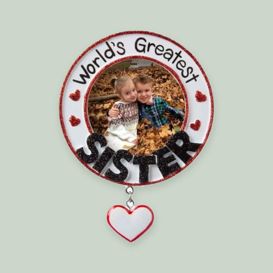 World's Greatest Sister Photo Frame ornament on a sage green background