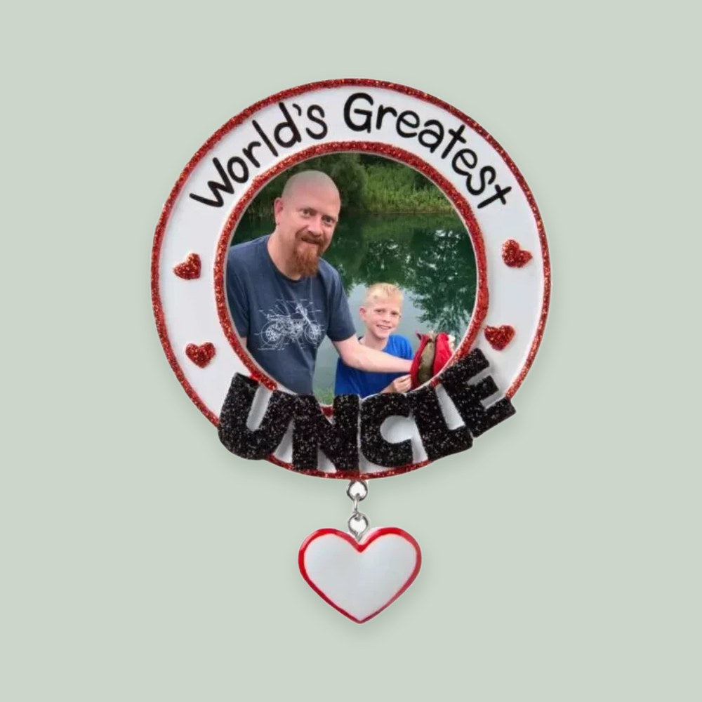 World's Greatest Uncle Photo Frame ornament on a sage green background