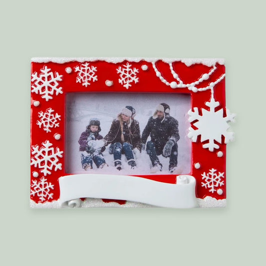 Snowflake Picture Frame (Red) ornament on a sage green background