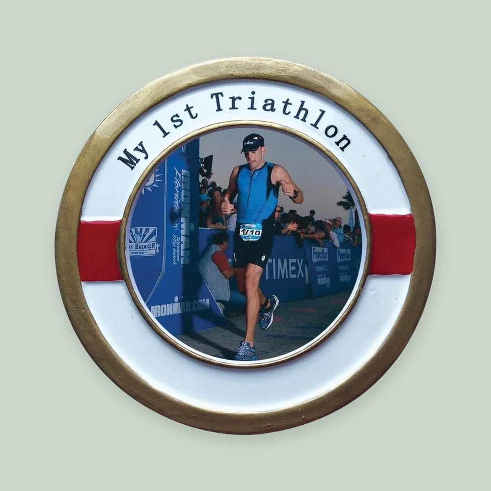 My First Triathlon Photo Frame ornament on a sage green background
