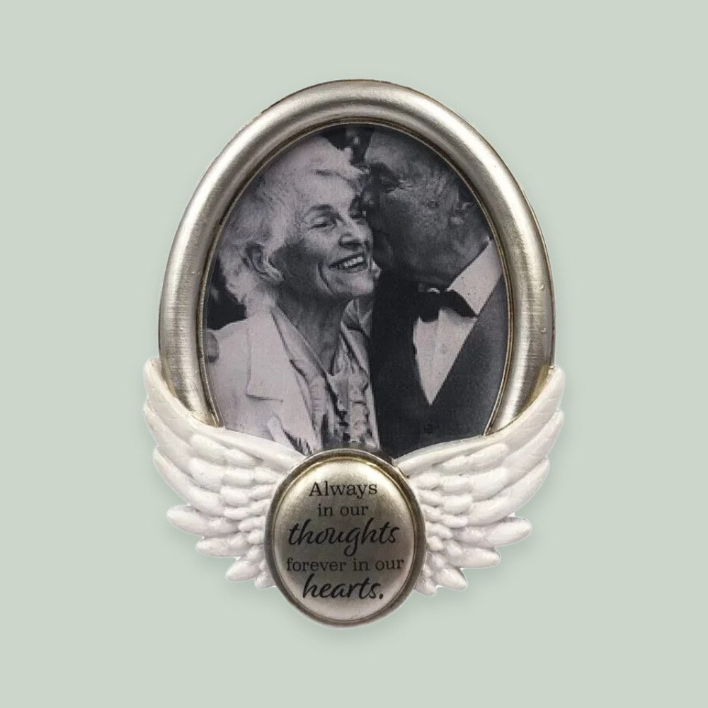 Always in Our Thoughts Memorial Photo Frame ornament on a sage green background
