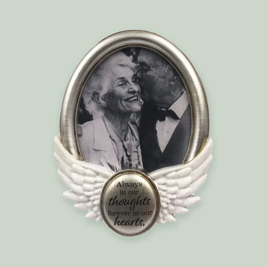 Always in Our Thoughts Memorial Photo Frame ornament on a sage green background