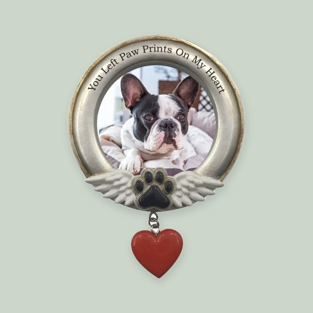 Paw Prints on My Heart Photo Frame ornament on a sage green background