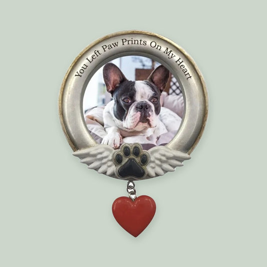 Paw Prints on My Heart Photo Frame ornament on a sage green background