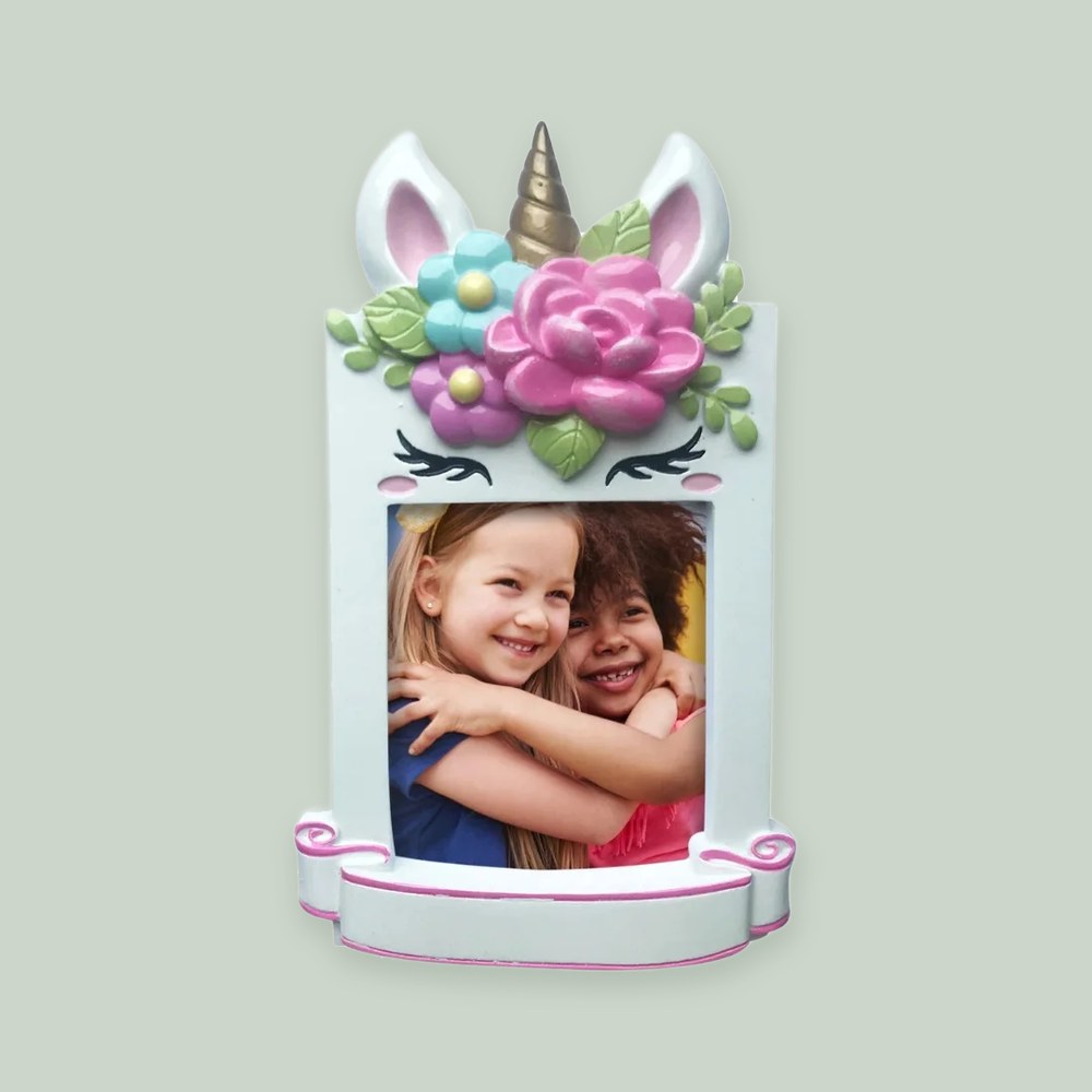 Unicorn Picture Frame ornament on a sage green background