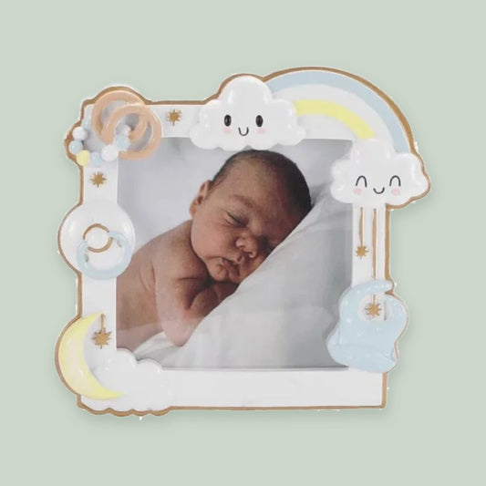 Modern Baby Photo Frame — Blue ornament on a sage green background
