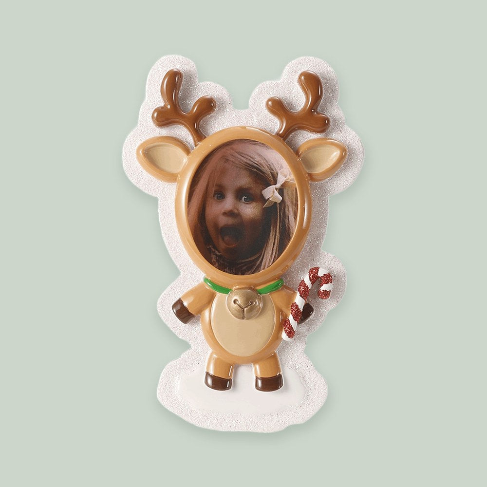 Reindeer Photo Frame ornament on a sage green background