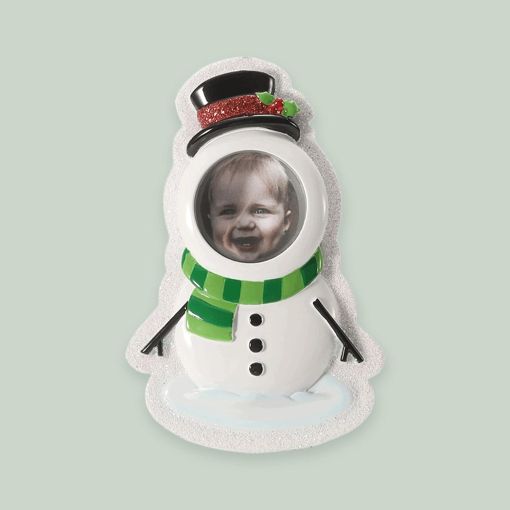 Snowman Photo Frame ornament on a sage green background