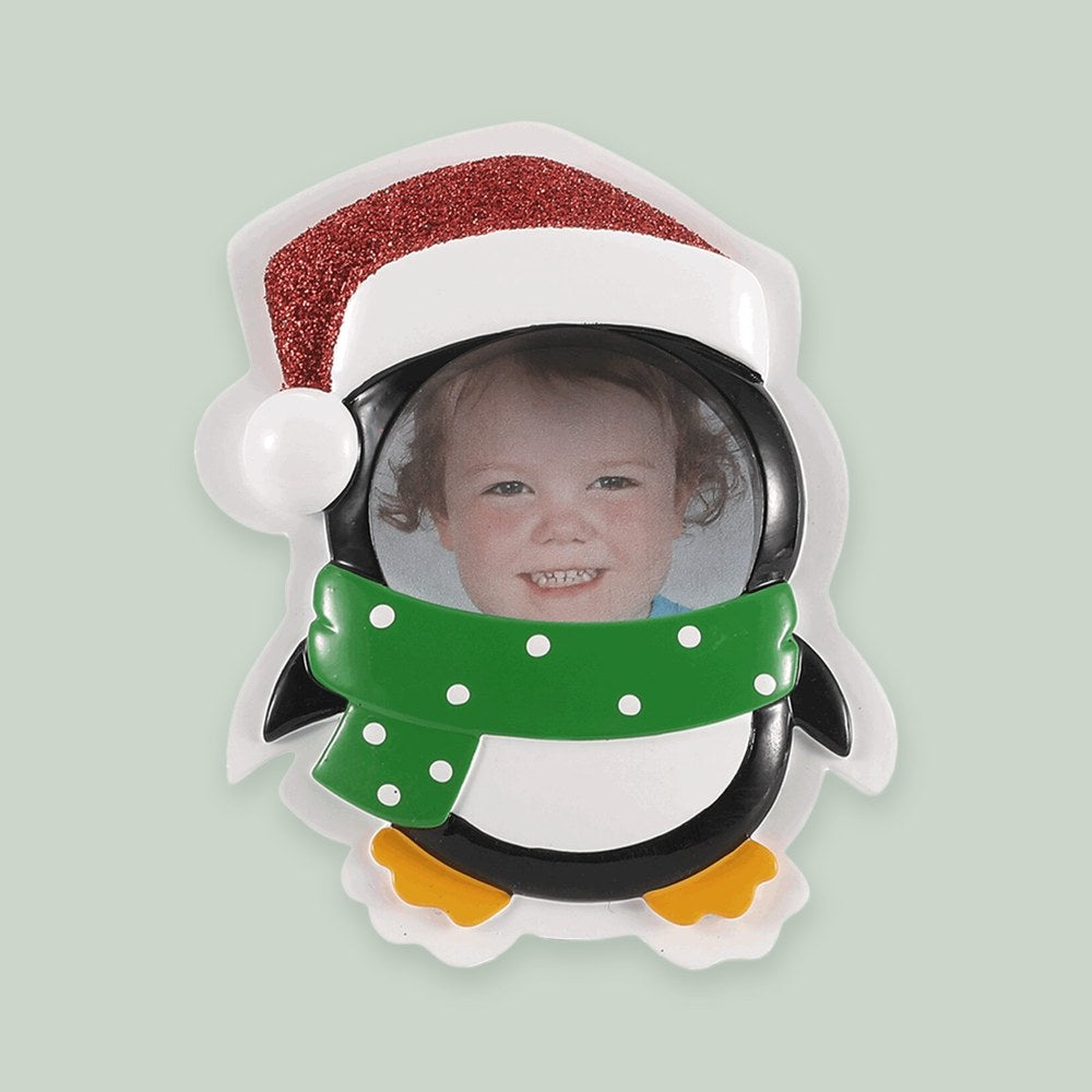Penguin Photo Frame ornament on a sage green background