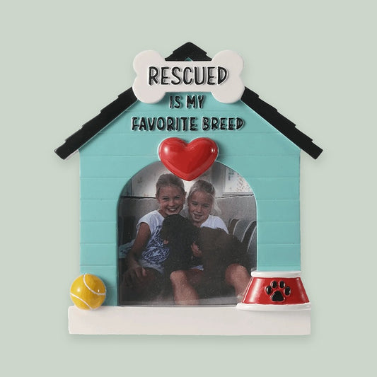 Rescued Is My Favorite Breed Photo Frame ornament on a sage green background