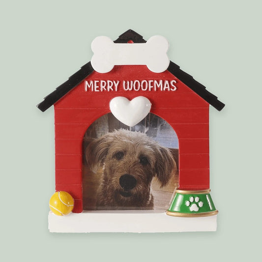 Doghouse Photo Frame ornament on a sage green background