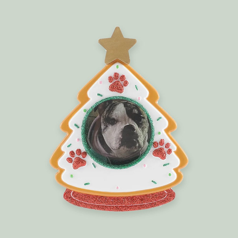 Cookie Pet Photo Frame ornament on a sage green background