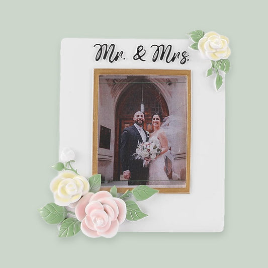 Mr. and Mrs. Wedding Photo Frame ornament on a sage green background