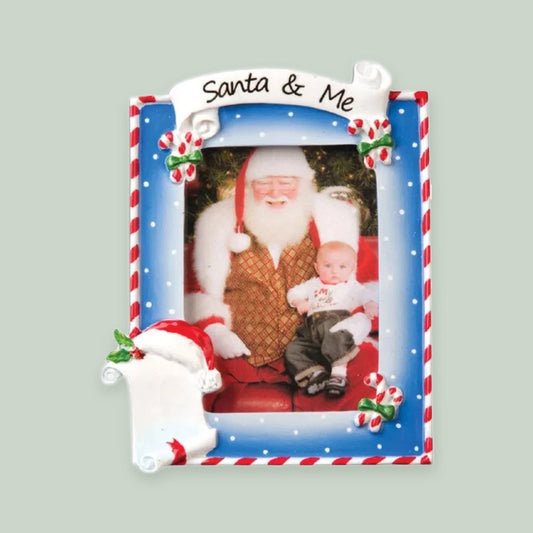 Santa and Me Photo Frame ornament on a sage green background