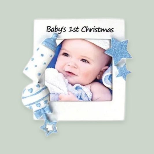 Christmas Baby Frame (Blue) ornament on a sage green background