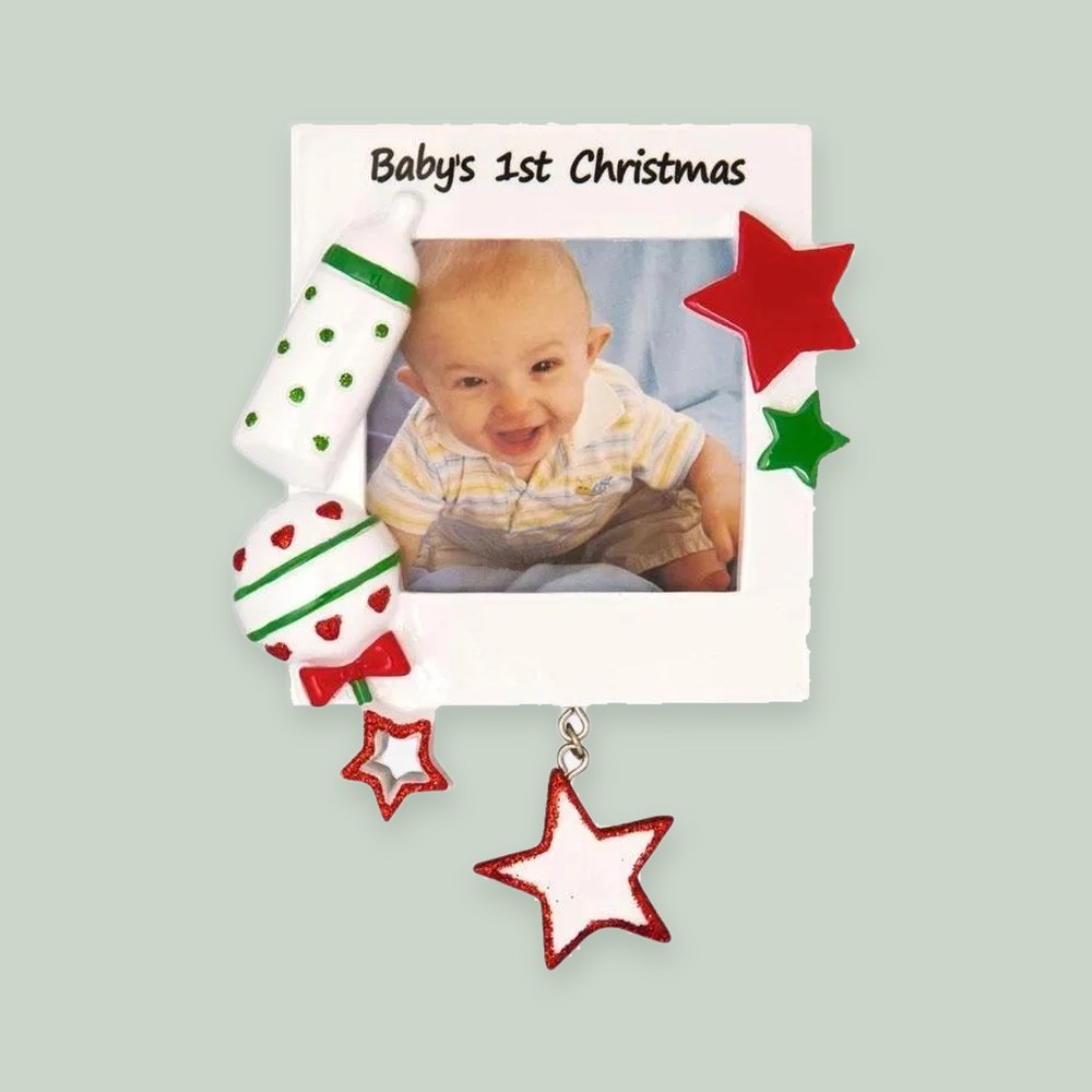 Christmas Baby Frame (Red & Green) ornament on a sage green background