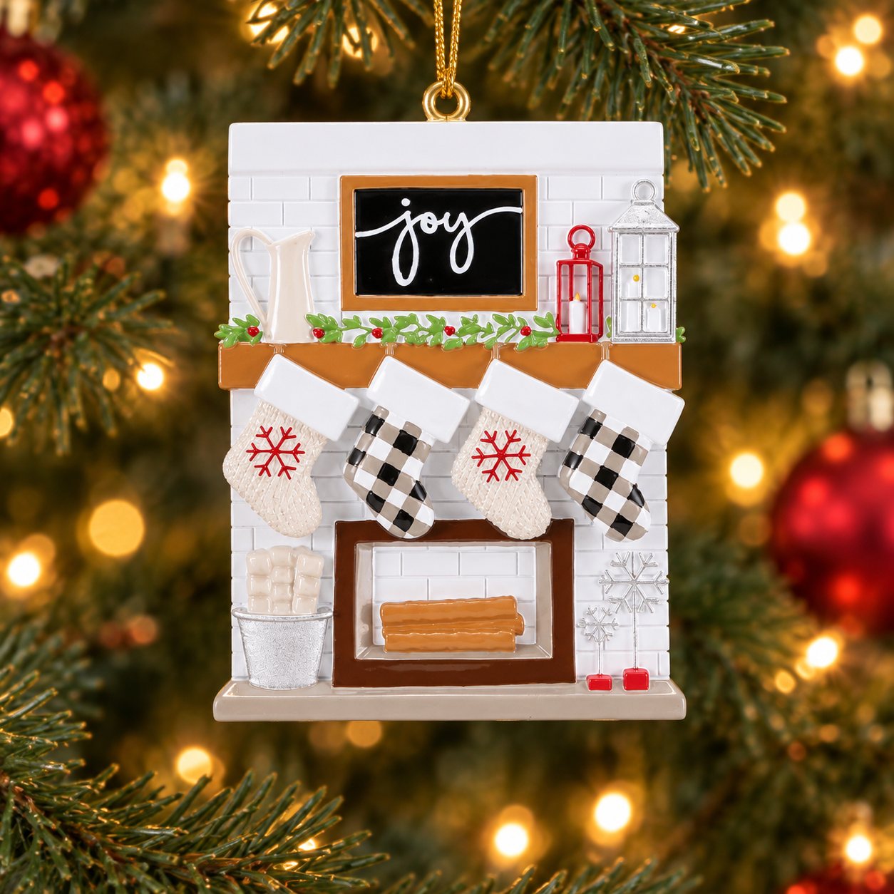 Fireplace Mantle Family of 4 Personalized Christmas Ornament in a Christmas tree setting