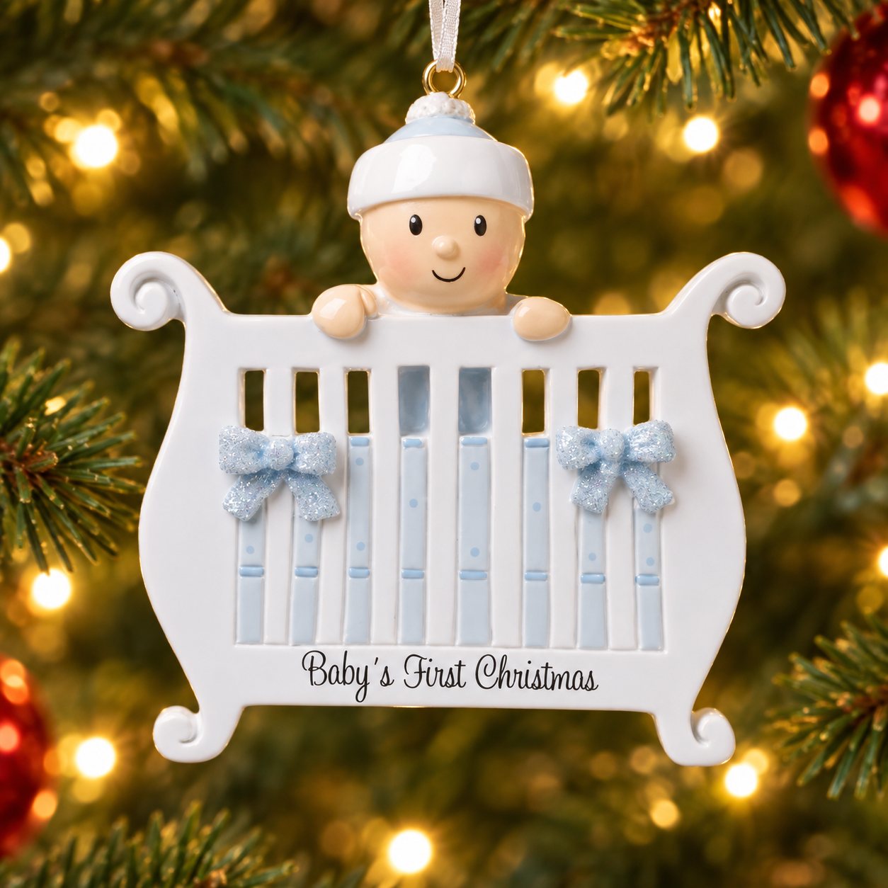 Baby (Boy) in Crib Personalized Christmas Ornament in a Christmas tree setting