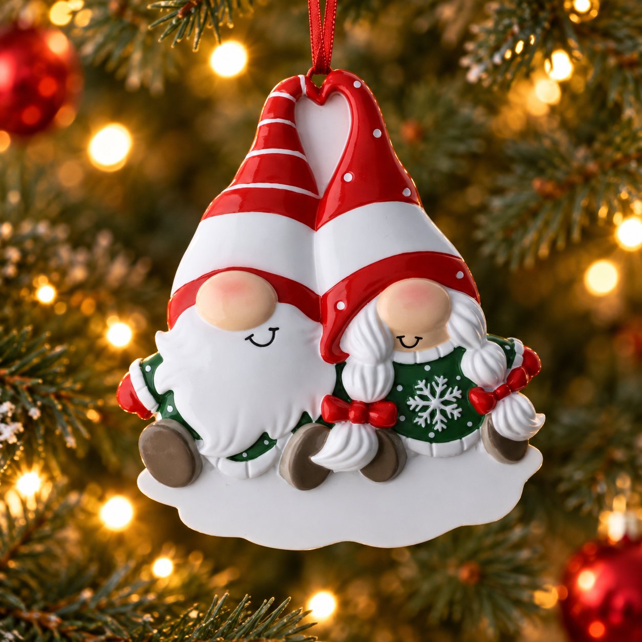 Gnome Couple Personalized Christmas Ornament in a Christmas tree setting