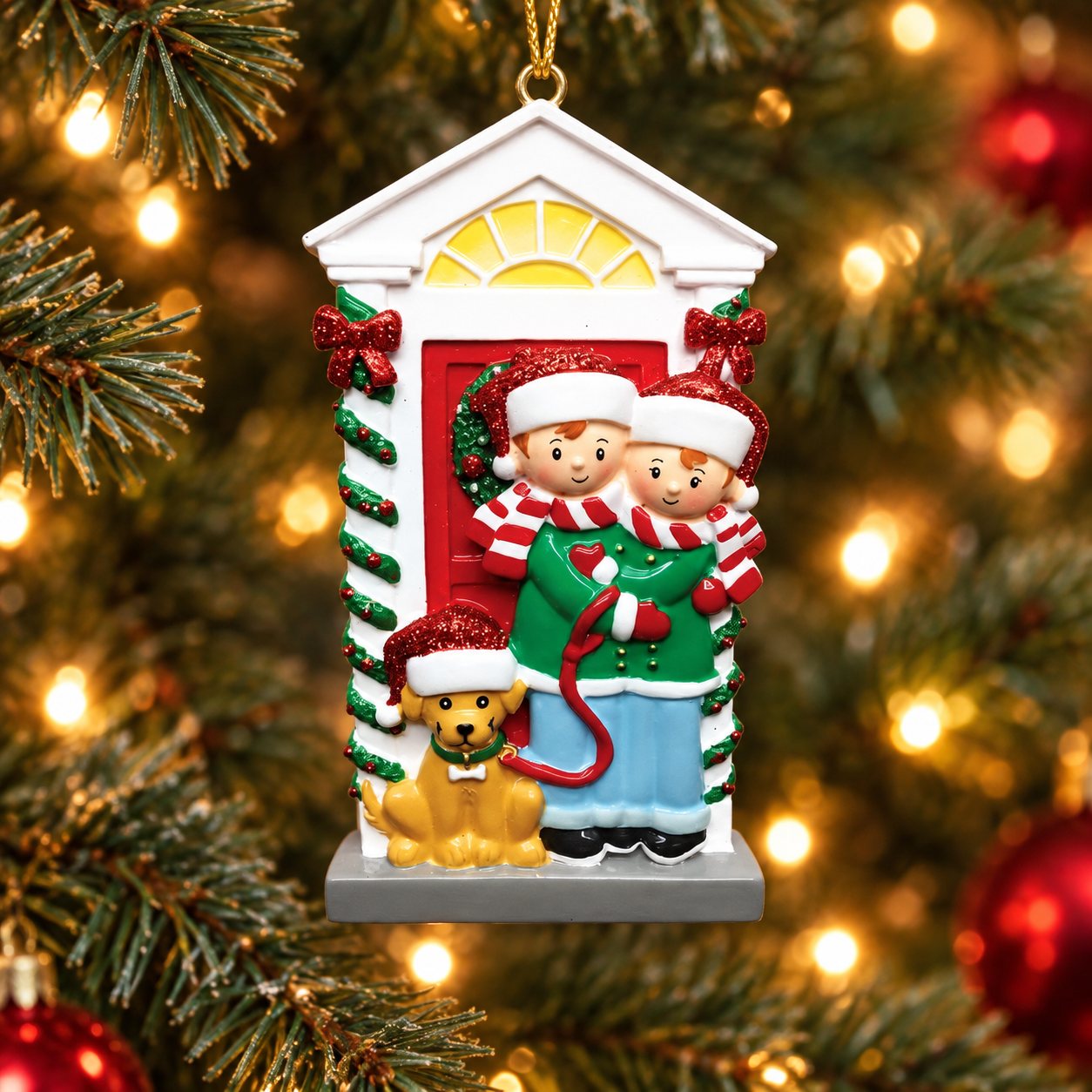 Family of 2 with Dog Personalized Christmas Ornament in a Christmas tree setting