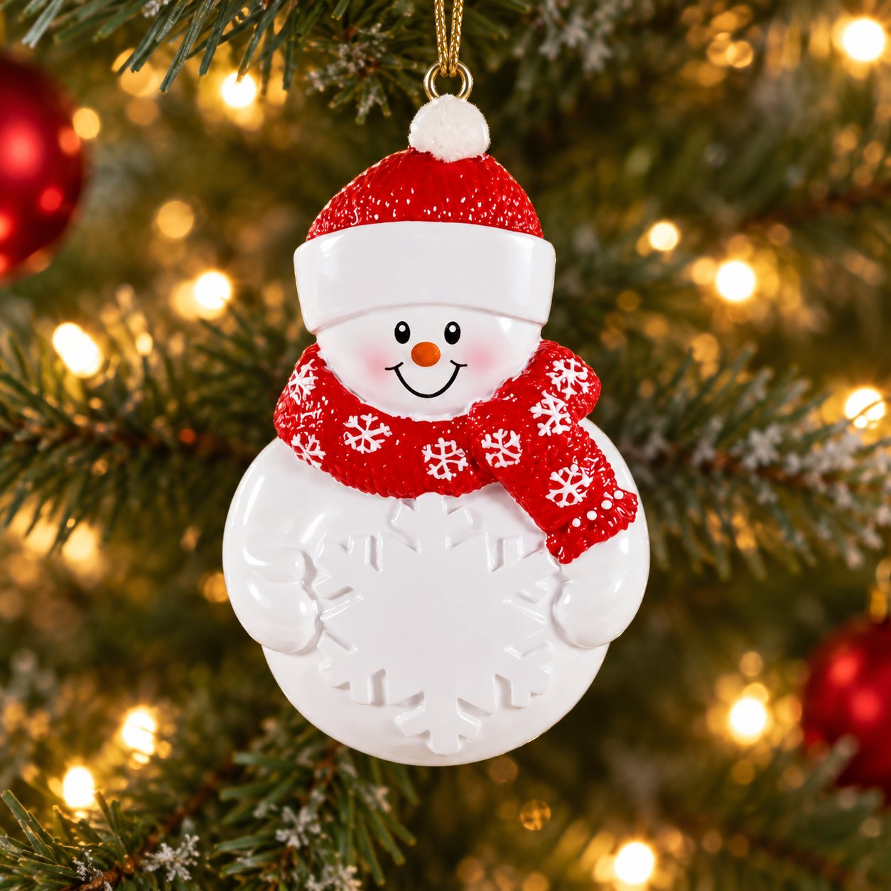 Snowman W/Snowflake Personalized Christmas Ornament in a Christmas tree setting