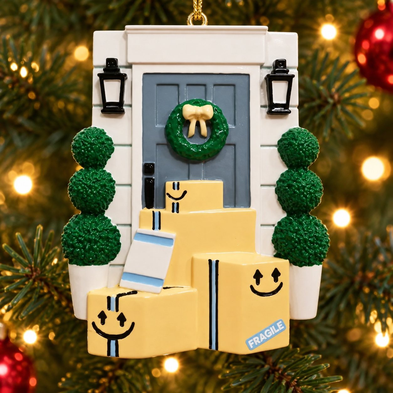 Blue Door w/Wreath and Packages Personalized Christmas Ornament in a Christmas tree setting