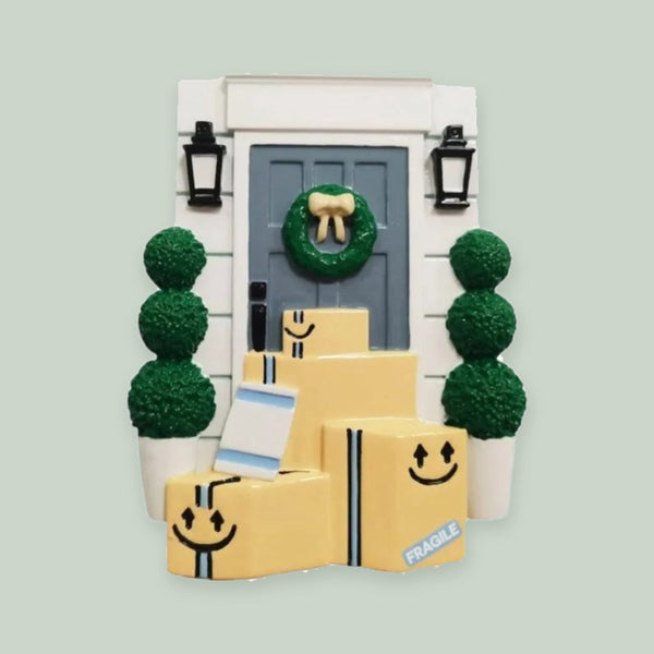 Blue Door w/Wreath and Packages Personalized Christmas Ornament
