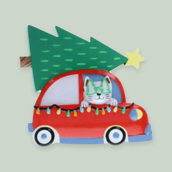 Cat in Car w/Tree on Top Personalized Christmas Ornament