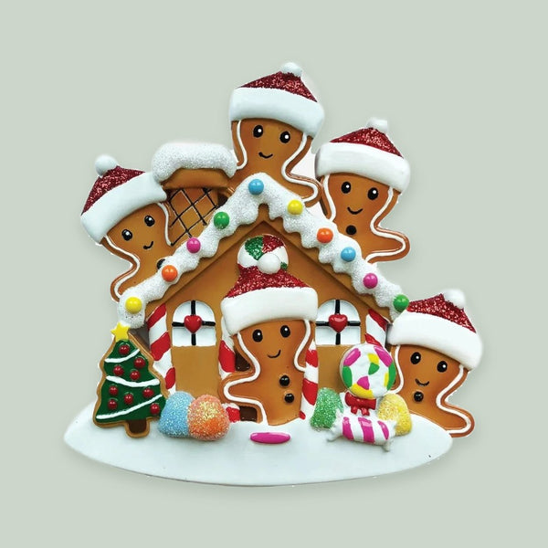 Gingerbread House Family of 5 Personalized Christmas Ornament