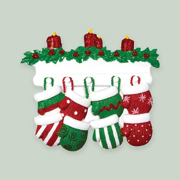 Red & Green Mitten Family of 8 Personalized Christmas Ornament